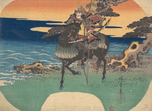 Guerrier chevauchant un cheval noir le long du rivage, vers 1835