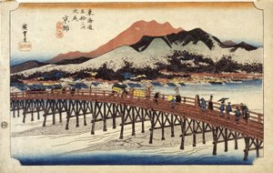 Figures traversant un pont - Ando or Utagawa Hiroshige