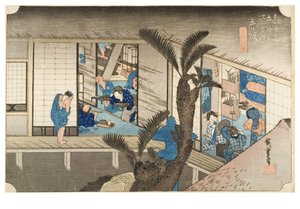 Akasaka : Auberge avec servantes de la série Les cinquante-trois étapes du Tokaïdo, vers 1831-1834 (gravure sur papier) - Ando or Utagawa Hiroshige