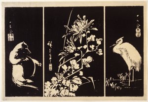 Blaireau, chrysanthèmes et grue - Ando or Utagawa Hiroshige