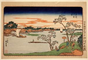 Cerisiers en feuille au bord de la rivière Sumida, de la série Sites célèbres de la capitale orientale, c.1831