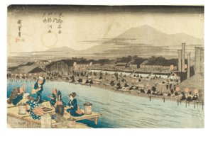 Fraîcheur du soir au bord de la rivière Shijo de la série Lieux célèbres de Kyoto, vers 1833-1834 (gravure sur bois sur papier)