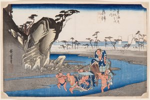 Deux lutteurs de sumo traversant la rivière Okitsu