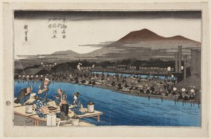 Profiter de la fraîcheur du soir sur le lit de la rivière à Shij? (Shij?-gawara y?suzumi) (estampe sur bois en couleur)