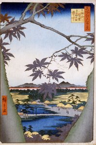 Érables à Mama avec le temple de Tekona et le pont de Tsugi. 1857. Estampes de Katsushika (Utagawa) Hiroshige (1797-1858). - Ando or Utagawa Hiroshige