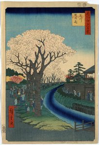 Promeneurs admirant les cerisiers en fleurs le long des rives de la rivière Tama à Edo, gravure sur bois par Ando Hiroshige