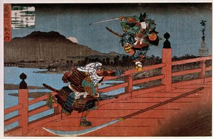 Bataille de samouraïs, estampe japonaise par Hiroshige Utagawa (1797-1858). 19e siècle. Paris, Musée Guimet, Musée National des Arts Asiatiques