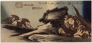 Deux lions sur une falaise - Ando or Utagawa Hiroshige