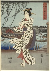 Femme marchant sur une berge, pub.1848 - Ando or Utagawa Hiroshige