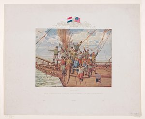 Le navire de Henry Hudson, le Halve Maen, approche de la côte nord-américaine, 1609