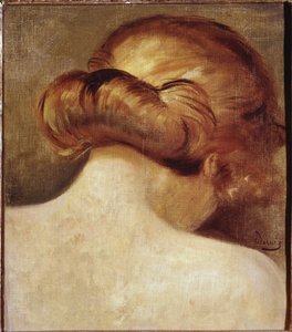 Cou de femme blonde avec chignon. Peinture d