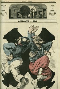 Actualités, soldat prussien et français dansant devant les canons de la guerre franco-prussienne. Couverture dans « L