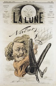 Caricature de Félix Nadar, pionnier de la photographie aérienne en 1858, ici suspendu à son ballon