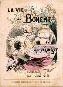 Couverture du livre "La Vie de Bohème" par Henry Murger : peintre peignant le mot "champagne" sur un vase, devant une jeune femme