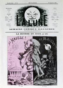 La bourse de Gill du jour. En rose : la montée du franc. En noir : chute et mauvaises actions. Les bourses partent pour la Belgique. Un des journaux « La Lune » du 16 septembre - Andre Gill