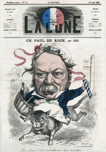 Portrait de Charles Paul de Kock (1793-1871), romancier populaire français. Caricature de Gill, dans « La Lune », 18 août