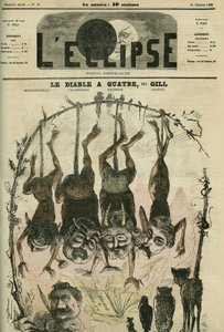 Le Diable en a quatre, pamphlet politique redessiné par Méphistophélès alias Wolff, Villemessant, Duchesne, Lockroy, et son caricaturiste Benassit. Couverture dans « L