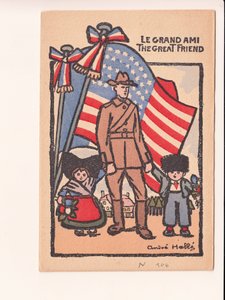 Carte postale, satirique en couleurs : Le grand ami - Guerre de 14-18, Amérique, Alsace Lorraine Illustration par André Hellé (1875-1945)