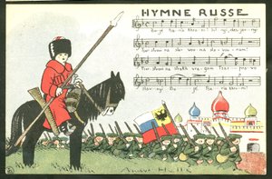 Carte postale satirique en couleurs : Hymne russe - Guerre de 14-18, Russie, Chant - Soldats Illustration par André Hellé (1875-1945)