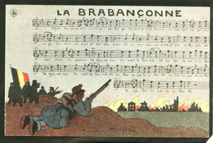 Carte postale, satirique en couleurs, vers 1915: La brabançonne - Guerre de 14-18, Belgique, Chant - Illustration de soldats par André Hellé (1875-1945)