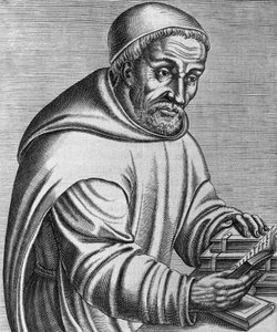 Portrait de Raban Maur Magnence (mort en 856), moine bénédictin et théologien allemand, gravure de Les vrais pourtraits et vies des hommes illustres grecs, latins et païens, par André Thevet