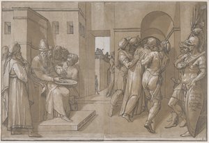 Le Christ est emmené, des soldats se tiennent à droite de la feuille, 1585 - Andrea Andreani
