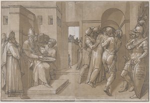 Pilate à gauche se lavant les mains côté gauche de la feuille, 1585 - Andrea Andreani