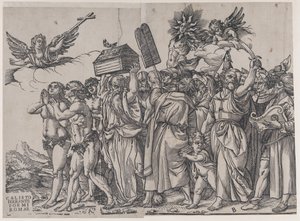 Section A : un ange tenant une croix en haut à gauche, Adam et Ève en bas, du Triomphe de..., 1836