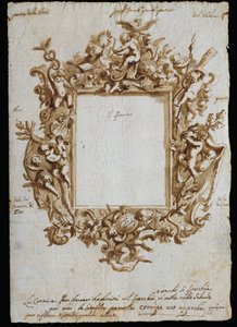 Dessin orthogonal pour cadre allégorique, vers 1700, par Andrea Brustolon (1662-1732), aquarelle et plume sur papier blanc, Italie - Andrea Brustolon
