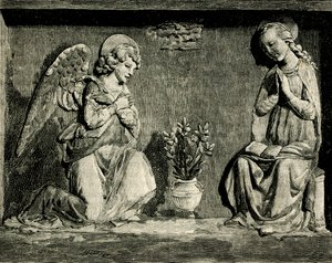 Annonciation, oratoire de la Madonna del Buon Consiglio, Prato, Toscane, Italie, gravure sur bois de Le cento città d