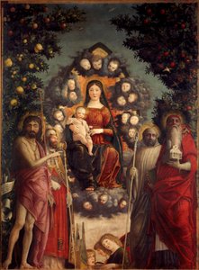 Retable Trivulzio « La Sainte Conversation » La Vierge et Jésus-Christ représentés dans une mandorle. Ils sont entourés de Saint Jean-Baptiste, du Pape Saint Grégoire Ier le Grand (540-604), de Saint Jérôme (portant une église et des livres), de Saint Beno - Andrea Mantegna