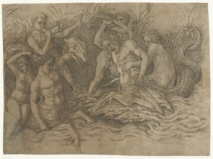 Combat entre tritons avec des néréides sur leur dos
