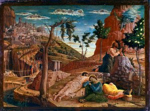 Prière au Jardin des Oliviers. Après la dernière cène, le Christ se rend sur la colline de Gethsémani, qui domine Jérusalem avec les apôtres. Les soldats romains s
