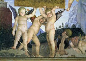 Putti avec des ailes de papillon soutenant la plaque dédicatoire, de la Camera degli Sposi ou Camera Picta, 1465-74 (détail)