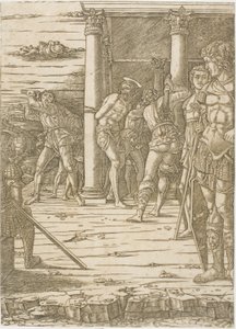 La Flagellation du Christ, avec le paysage en arrière-plan - Andrea Mantegna