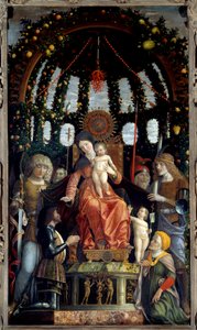 Vierge de la Victoire (Pala della Vittoria) (Madonna della Vittoria). La Vierge Marie est représentée avec Saint Michel, Saint Georges, Saint Longin et Saint André. Le mécène du tableau, le marquis de Mantoue, François II de Gonzague (Francesco II Gonzaga)