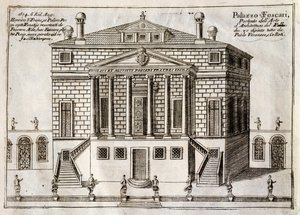 Façade principale de la Villa Foscari connue sous le nom de La Malcontenta, Mira, conçue par Andrea Palladio, gravure de Along Brenta Canal, presque faubourg de la ville de Venise, par Vincenzo Coronelli, Venise - Andrea Palladio