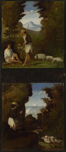 Scènes des Églogues de Tebaldeo. Thyrsis trouve le corps de Damon, vers 1510 - Andrea Previtali
