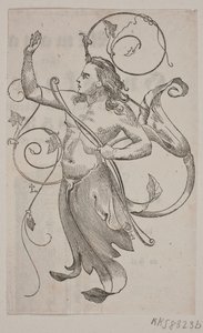 Génie avec un arc dans la main gauche et la main droite levée vers un oiseau couronné - Andreas Flinch