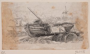 Vignette. Bateau de pêche tiré à terre