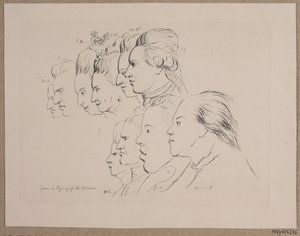 10 portraits : Enevold Brandt, Johann Friedrich Struensee, Caroline Mathilde, Julieane Marie, Arveprins Frederik, Christian VII, Marie Jeanne Clemens, J. F. Clemens, Jens Juel et Nicolai Abildgaard