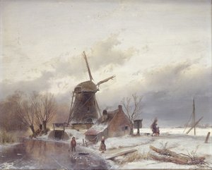 Paysage de rivière gelée avec un moulin à vent
