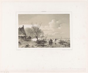 Patineurs et homme avec traîneau sur rivière gelée