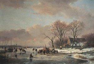 Paysage de rivière en hiver avec de nombreux patineurs