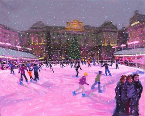 Patinage de Noël, Somerset House avec lumières roses