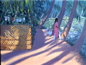 Nourrir les canards, Kerala, Inde (huile sur toile) - Andrew Macara