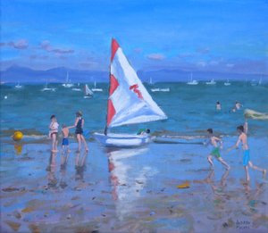 Voilier rouge et blanc ,Abersoch (huile sur toile) - Andrew Macara