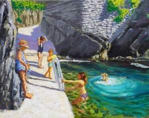 Baignade dans la piscine de la mer, Cinque Terre, Italie, 2024 (huile sur toile)