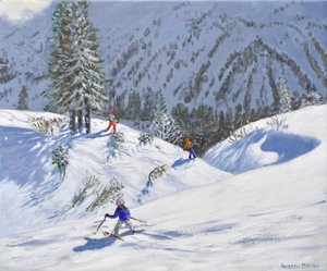 Trois skieurs, Kitzbuehel, Autriche, 2024 (huile sur toile)