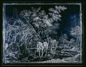 Carreau avec cheval et charrette et quelques figures devant une auberge - Andries Melort